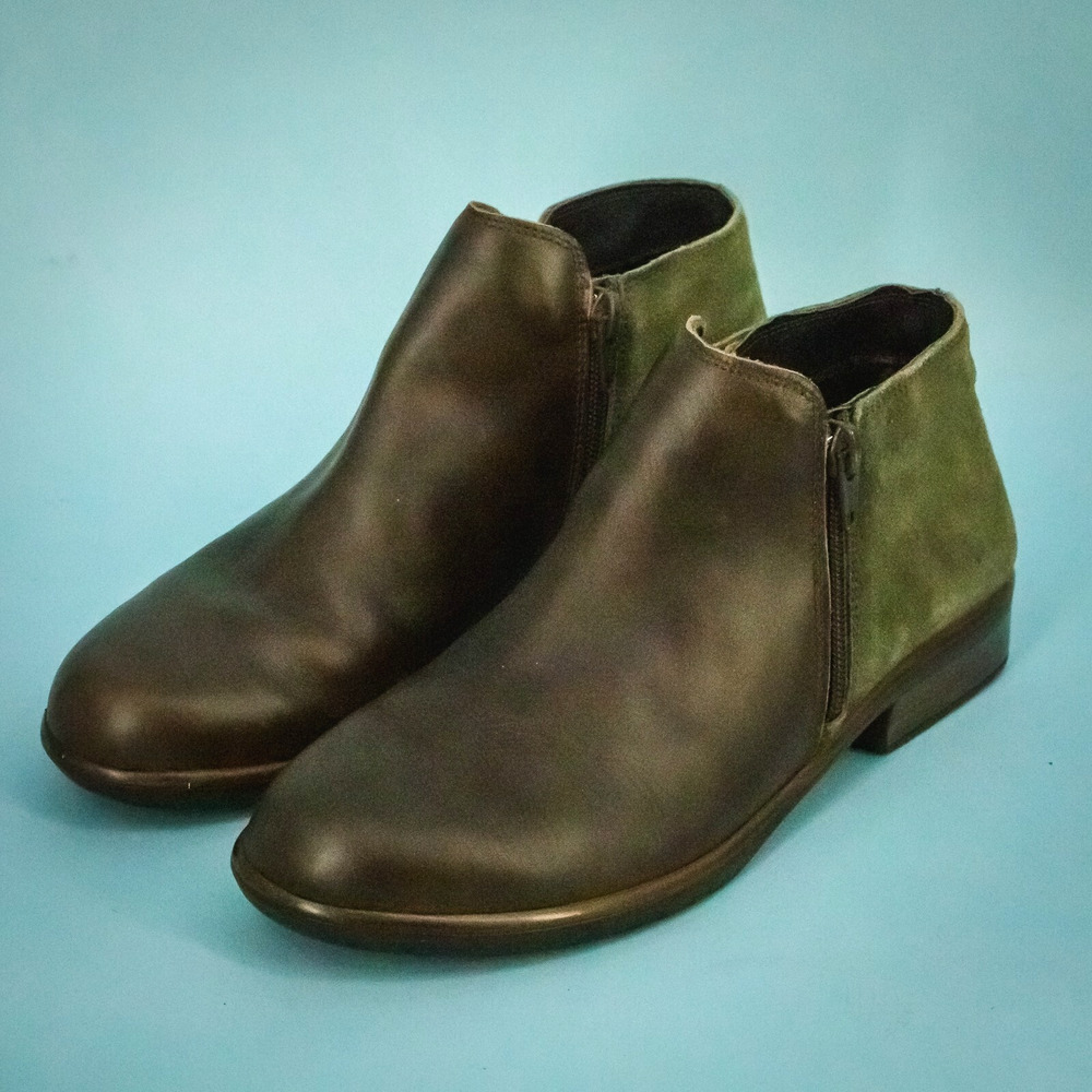Naot 38 Size 7-7.5 Helm Brown Leather Green Suede Double Zip Ankle Boots Booties